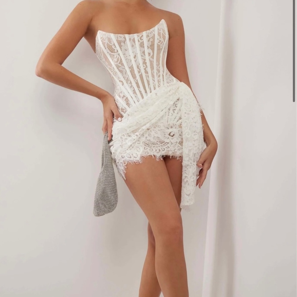heiress beverly hills white/cream lace corset draped mini dress